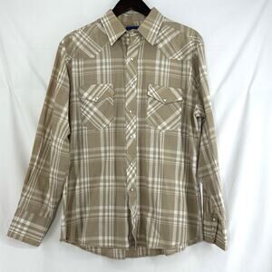 Vtg Wrangler Pearl Snap Western Shirt Mens Large Tan White Plaid Spring Shirt